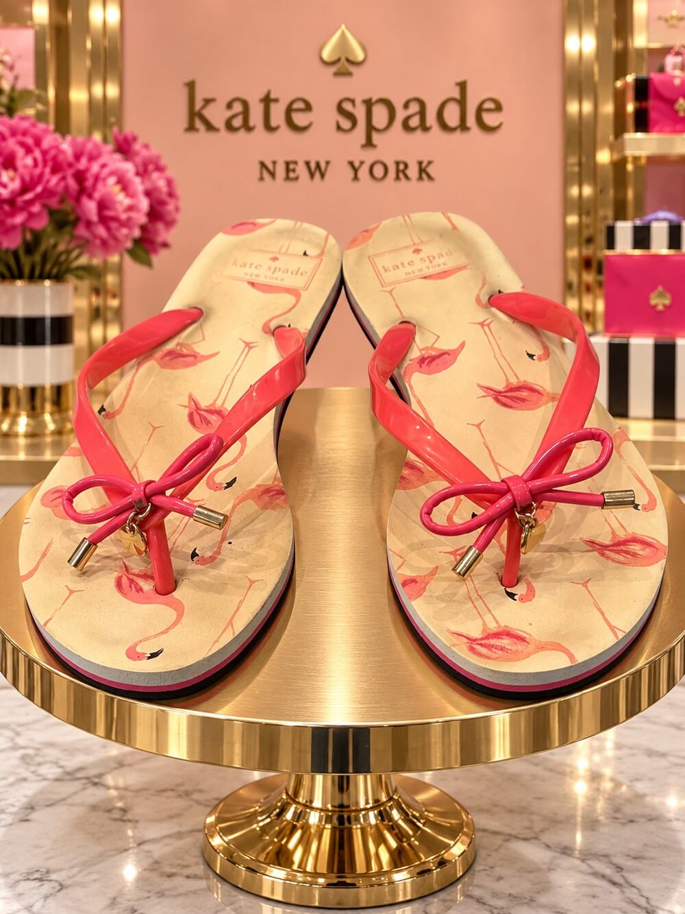 Kate Spade New York Pink Flamingo Print Bow Flip Flop Sandals Size 7-8